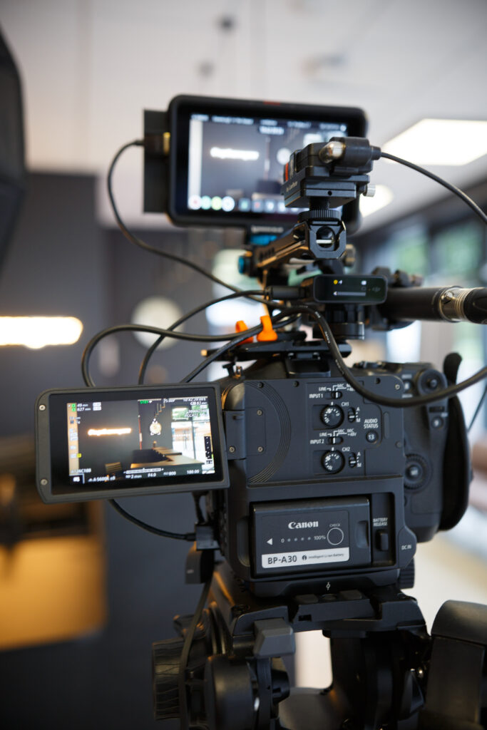 Image shows a Canon C70 set up at the Marches School in Oswestry, Shropshire, ready to film a presentation video