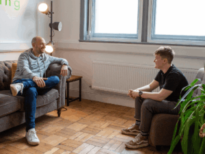 Videographer Hannah Quinn interviews Steve from Logic Resourcing in their Stoke-on-Trent office before getting going with filming a case study video